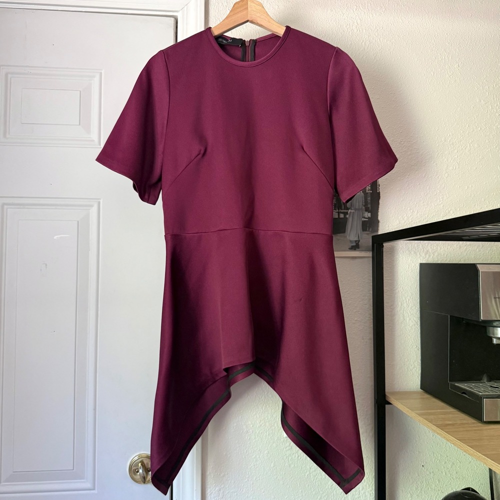 SID NEIGUM plum purple satin sharkbite draped hem pepum short sleeve cropped top